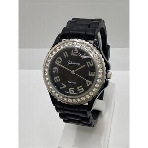 Geneva Women’s Silver And Black Rhinestone Fashion Watch Rubber Band New Battery